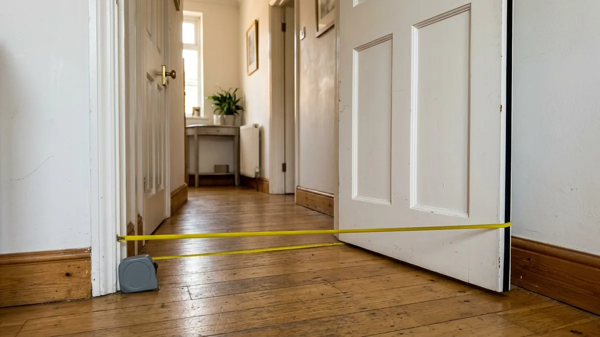 Tape measure across an open interior door to check clear width for a side by side vs tandem double stroller