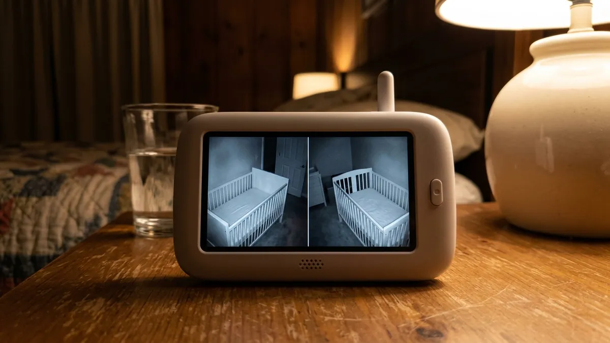 Baby monitor for twins split screen showing two bare cribs side by side on one parent unit