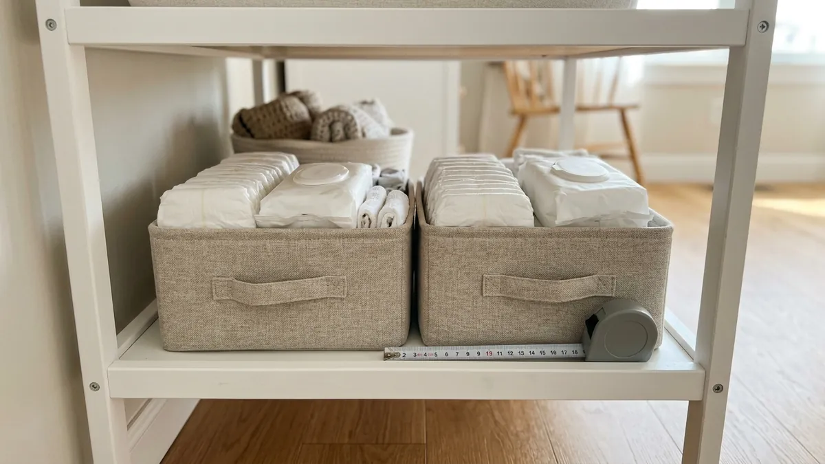 Diaper caddy for changing table shelves: two matching fabric caddies side by side with a tape measure